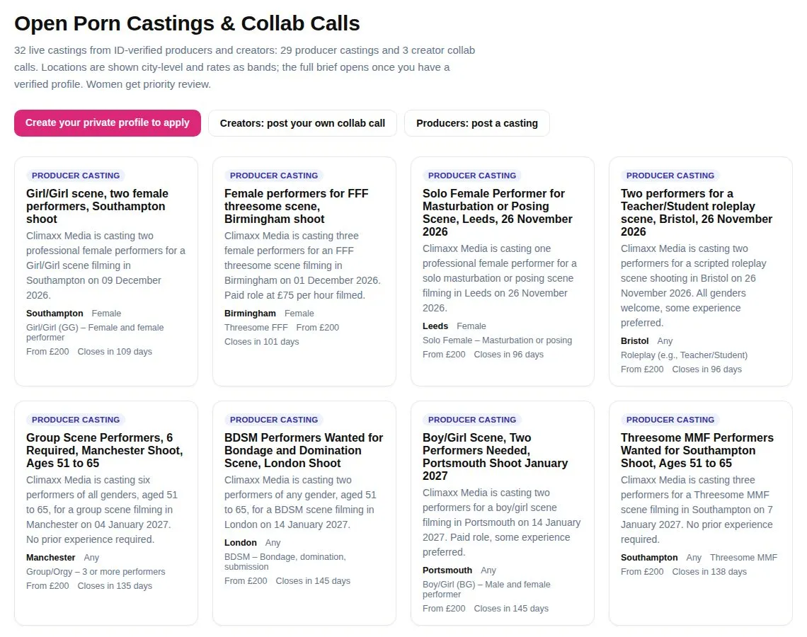 The live public casting board on Climaxx Media: open producer castings and creator collab calls with city, scene type and rate band