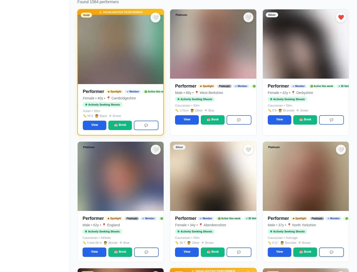 Browse Talent inside the Climaxx Media producer portal: verified performer cards with tier, age, county and Book buttons (identities blurred)